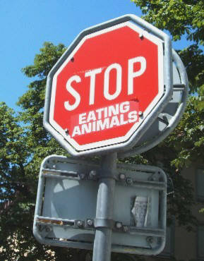 stop eating animals. stop sign in zurich switzerland. hunde wollt ihr ewig leichenfetzen fressen.