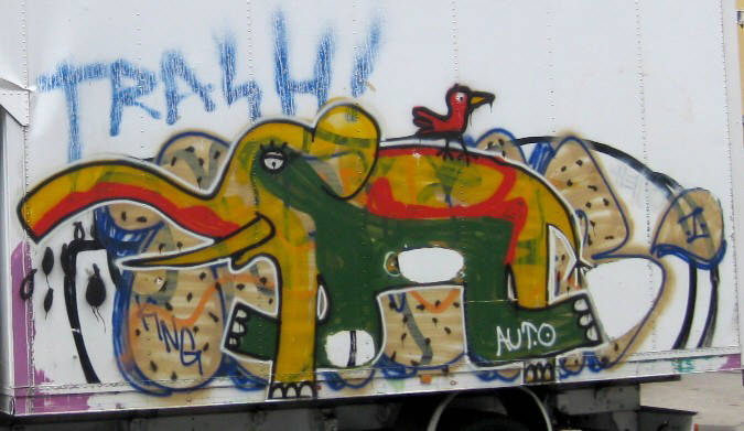 the legendary elephant graffiti by Zurich's youngest graffiti crew 'AUTOKIDS'. On a white delivery truck. Autokids were busted by Zurich Switzerland police in autumn 2008.