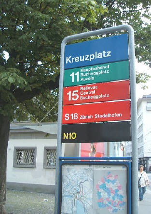 kreuzplatz zürich.  tramhaltestelle 11er tram, 15er tram, s-bahn s18, nachtbus n10. vbz züri-linie.
