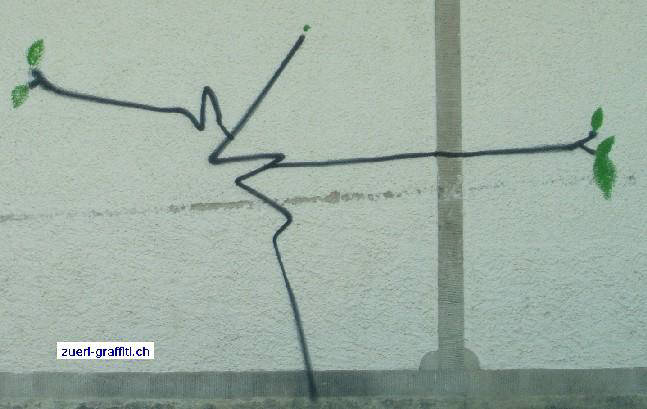 Im Frühling 2009 spriesst junges Grün aus dem Harald Nägeli Graffiti vom Oktober 2008 an der Wand des Theologischen Seminars Praktische Theologie der Universität Zürich an der Florhofgasse 8 in Zürich, gleich neben der Musikhochschule Zürich.
