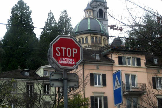 STOP EATING ANIMALS traffic sign zurich switzerland