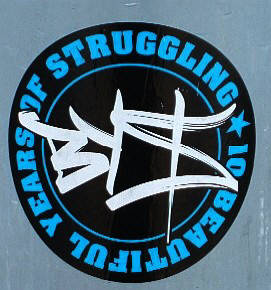 BYS graffiti crew. the kings of zurich graffiti crews. anniversary sticker '10 beautiful years of struggling'